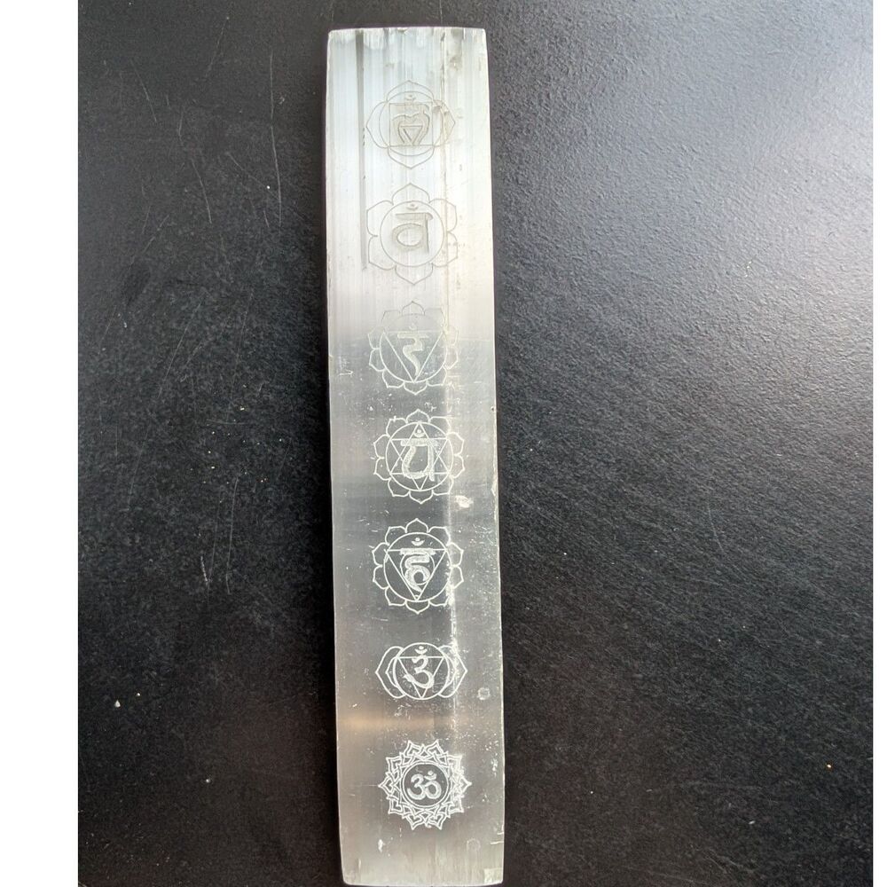 7.5" Selenite Chakra Charging Plate Etched 7 Chakras Crystal Cleansing Wand